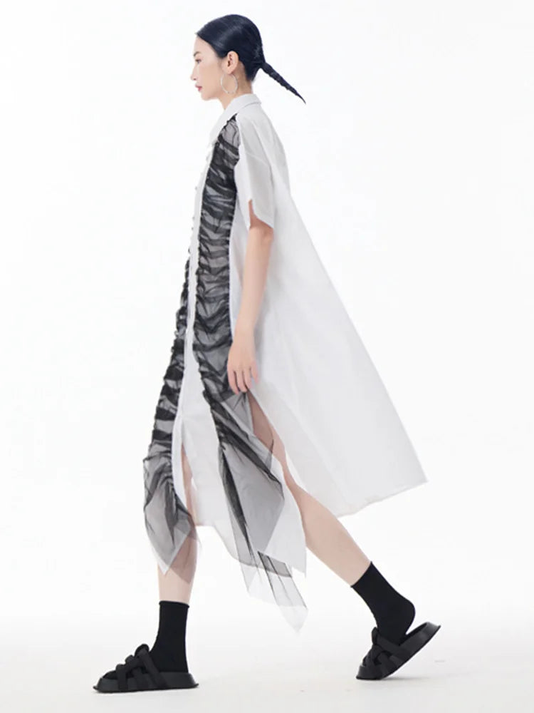 XITAO Pleated Single Breasted Turn-down Collar Dress Mesh Short Sleeve Asymmetrical Fashion A-line Summer Women Dress ZMY1201