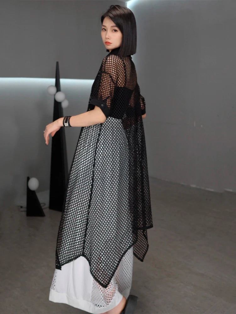 XITAO Hollow Out Mesh Irregular Short Sleeve Dress Loose Fitting Solid Color Single Breasted Lapel Summer Female Dress GYX1660
