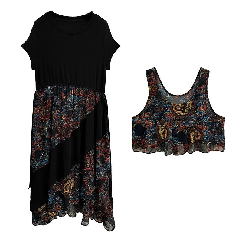 XITAO Contrast Color Print Flower Dress Casual Loose Fitting O-neck Vintage Long Style Short Sleeve Women Dress GYX1554