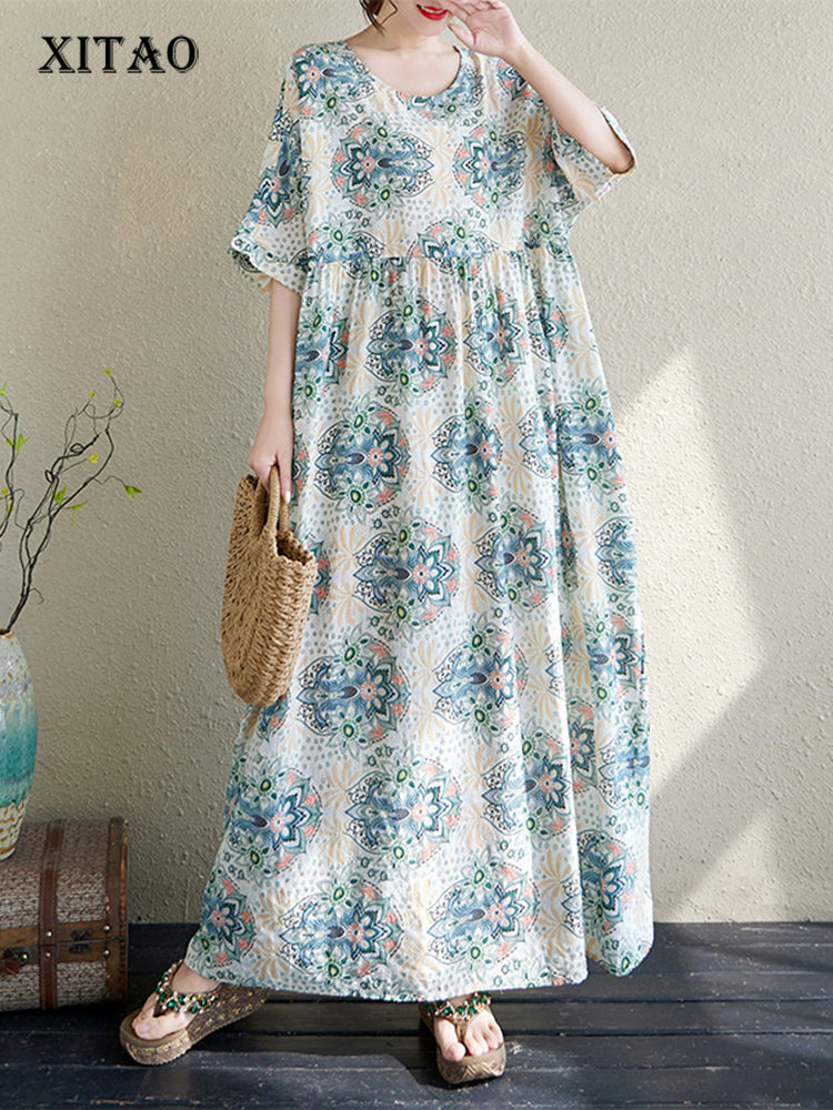 XITAO Print Flower O-neck Dress Casual Loose Fitting Slimming Short Sleeve A-line Long Style Summer Women Dress ZMY1131