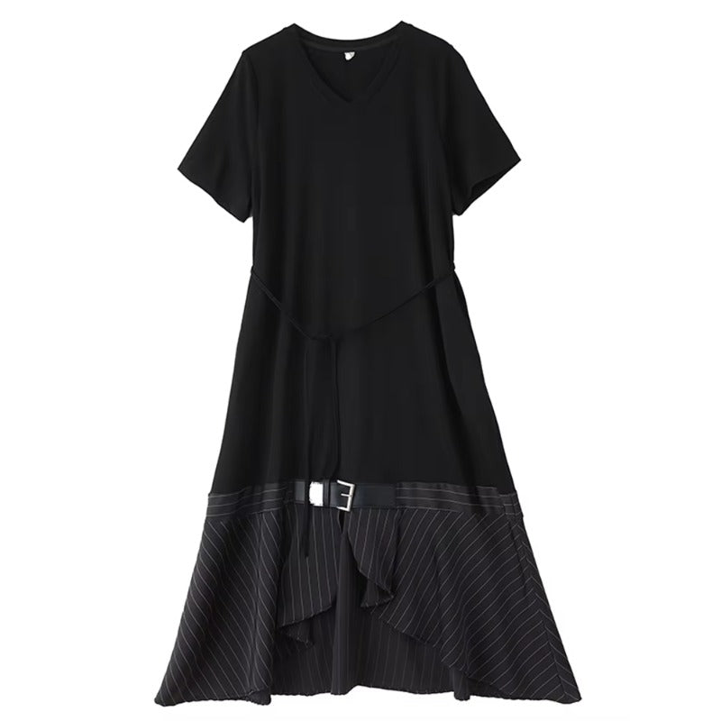 XITAO Striped Contrast Color Asymmetrical Dress V-neck Short Sleeve Patchwork Split Pullover Bandage Casual Female Dress ZMY1288