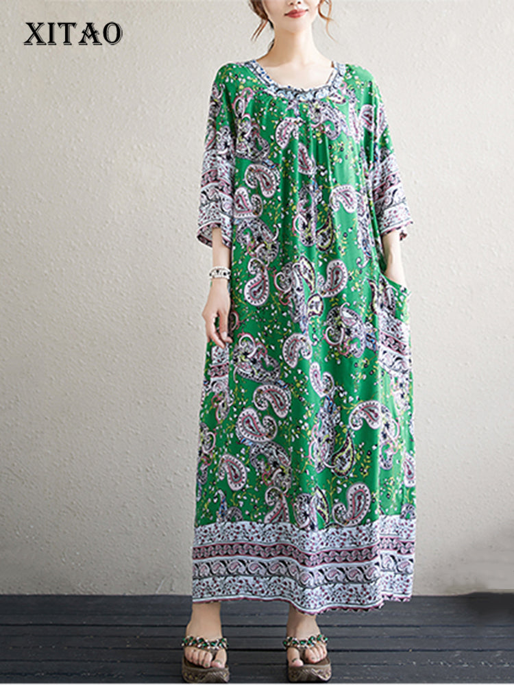 XITAO Pleated Print O-neck Dress Loose Fitting A-line Half Sleeve Long Style Pullover Summer Women Dress ZMY1099