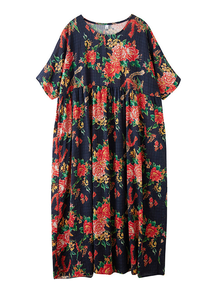 XITAO Pleated Print Flower Dress Half Sleeve A-line O-neck Casual Loose Fitting Sweet Simple All Match Women Dress ZMY1125