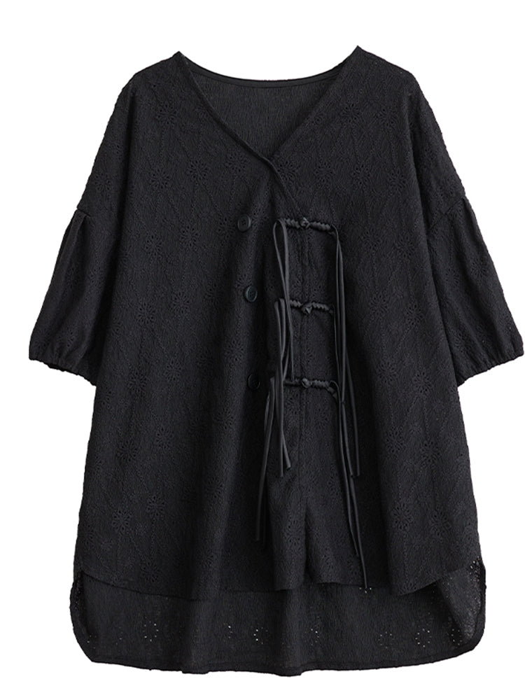 XITAO Asymmetric Button Shirt Casual V-neck Loose Fitting Chinese Style Half Sleeve Simple Single Breasted Women Blouse ZMY1105