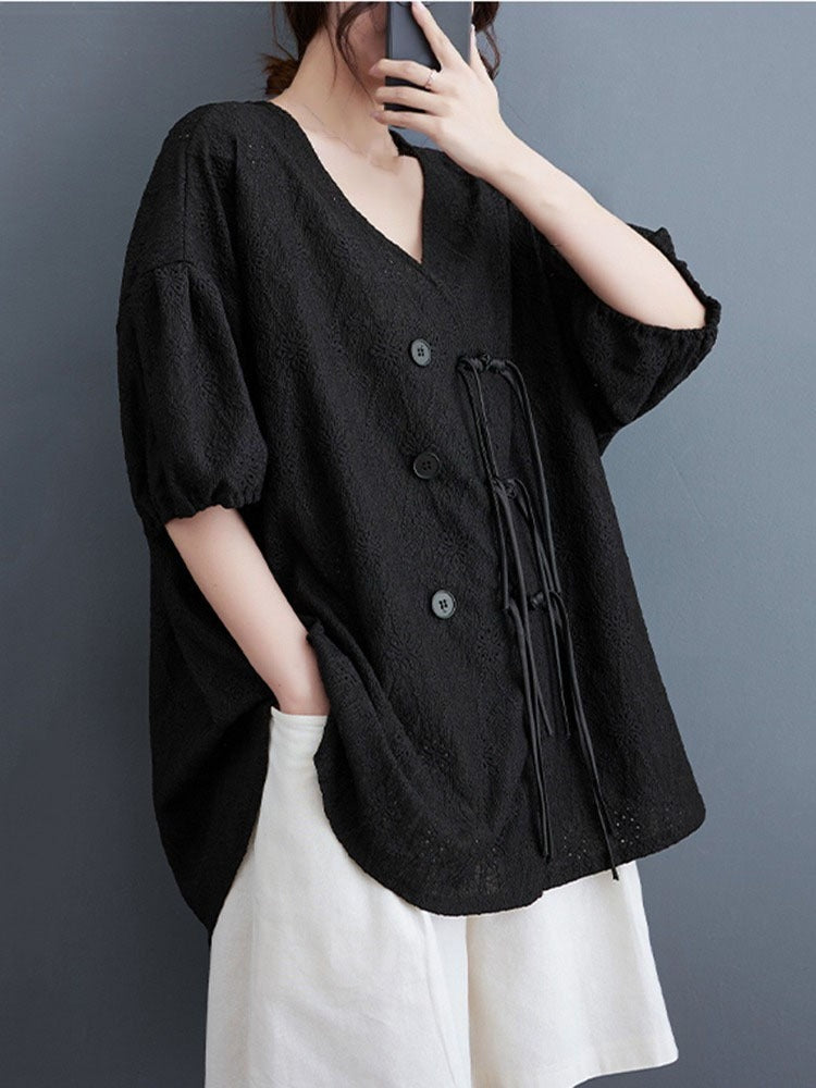 XITAO Asymmetric Button Shirt Casual V-neck Loose Fitting Chinese Style Half Sleeve Simple Single Breasted Women Blouse ZMY1105