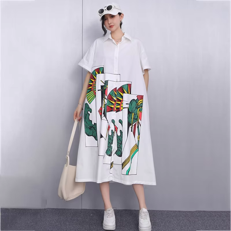 XITAO Patchwork Print Cartoon Dress Casual Turn-down Collar Loose Fitting New Single Breasted Summer Female Dress GYX1552