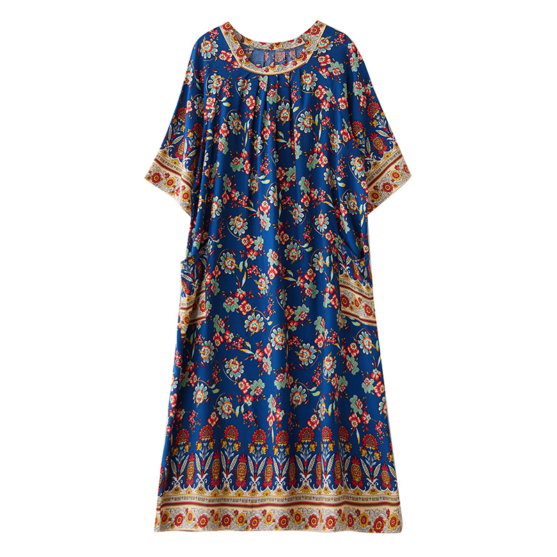 XITAO Flower Pleated Print O-neck Dress Casual Loose Fitting Ethnic Style Simple Pullover Summer Women Dress ZMY1098