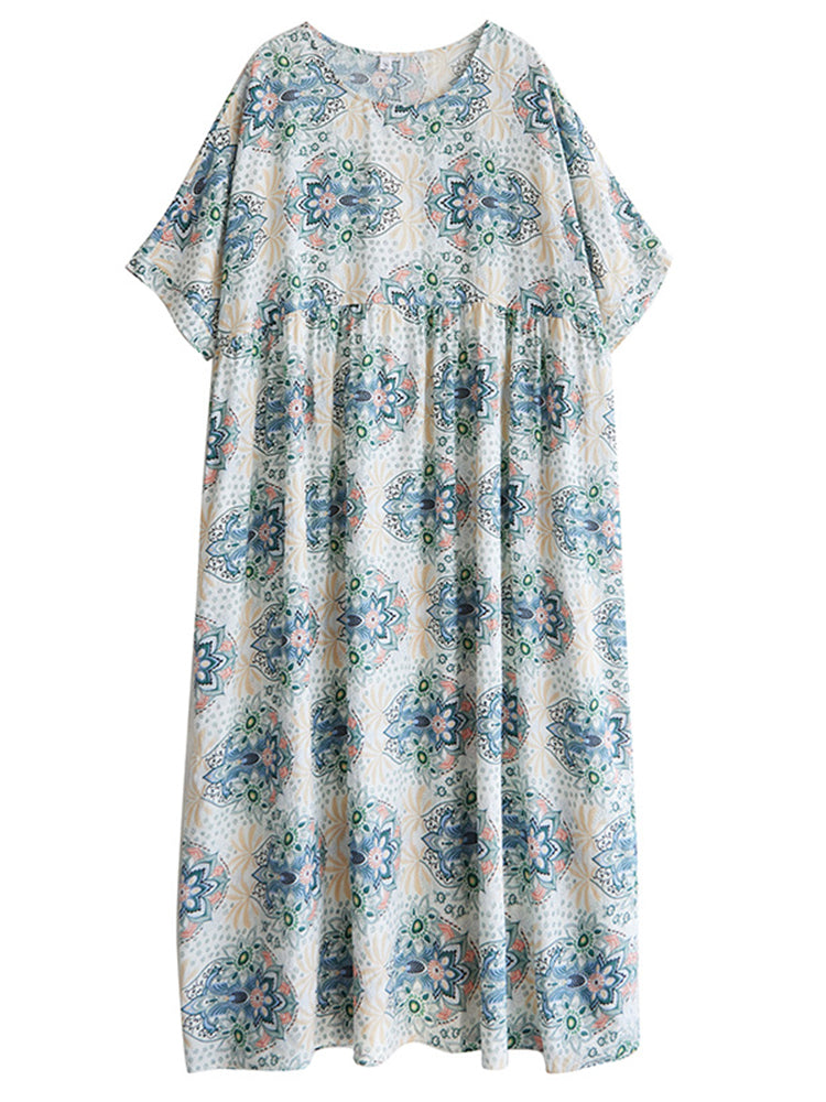 XITAO Print Flower O-neck Dress Casual Loose Fitting Slimming Short Sleeve A-line Long Style Summer Women Dress ZMY1131