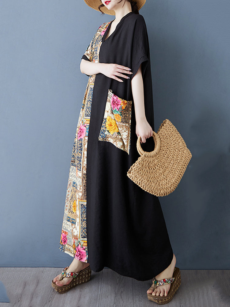 XITAO Asymmetrical Print Patchwork Pocket Dress V-neck Loose Fitting Half Sleeve A-line Summer Women Dress ZMY1117