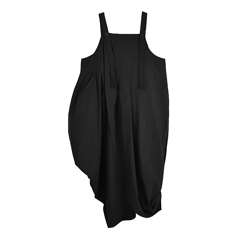 XITAO Irregular Pleated Straps Dress Casual Solid Color Loose Fitting Slimming Sleeveless Simple Button Women Dress ZMY1061