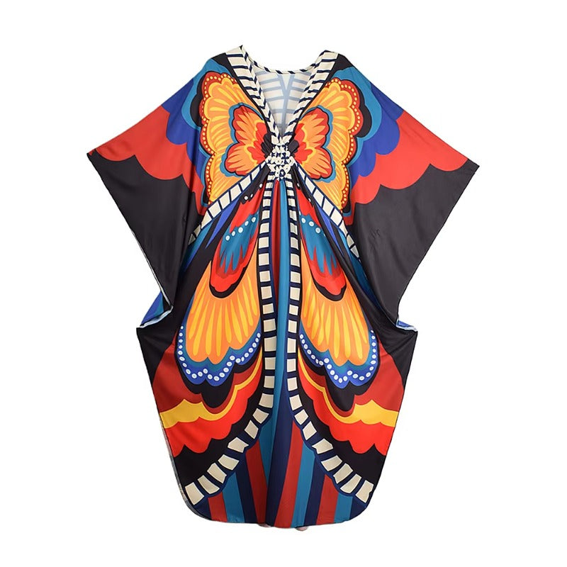 XITAO Pullover V-neck Loose Dress Butterfly Print Side Slit Bat Wing Sleeve Personality Loose Casual Summer Woman Dress GJ1154