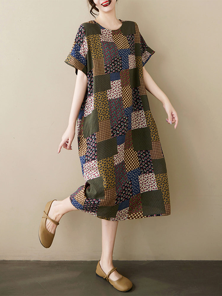 XITAO Geometric Print O-neck Dress Loose Fitting A-line Casual Personality Short Sleeve Summer Female Dress ZMY1129