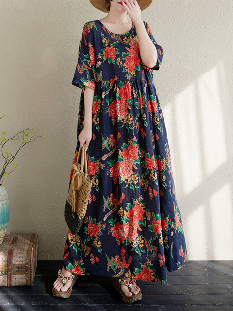 XITAO Pleated Print Flower Dress Half Sleeve A-line O-neck Casual Loose Fitting Sweet Simple All Match Women Dress ZMY1125
