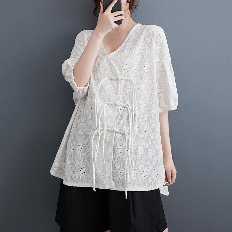 XITAO Asymmetric Button Shirt Casual V-neck Loose Fitting Chinese Style Half Sleeve Simple Single Breasted Women Blouse ZMY1105
