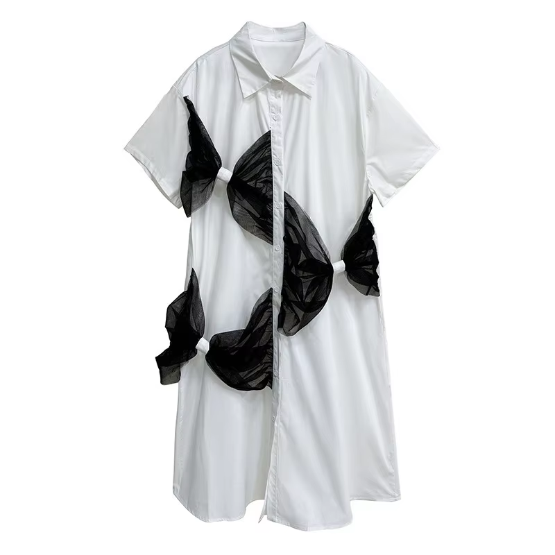 XITAO Patchwork Mesh Single Breasted Dress Turn-down Collar Half Sleeve Leisure New Arrival Sweet Simple Women Dress GYX1565