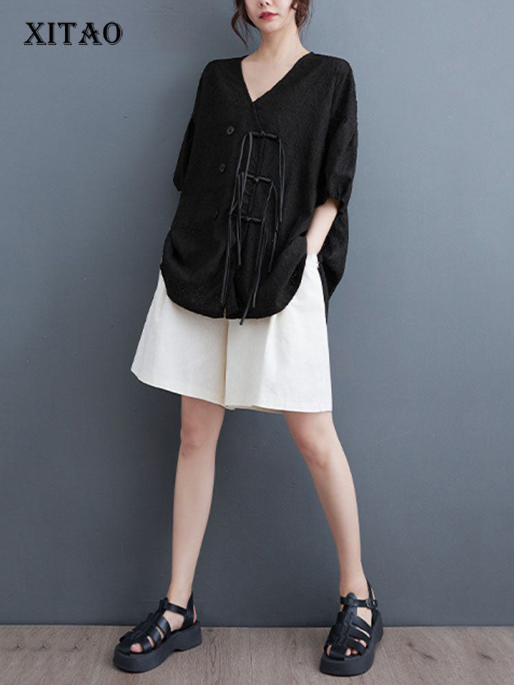 XITAO Asymmetric Button Shirt Casual V-neck Loose Fitting Chinese Style Half Sleeve Simple Single Breasted Women Blouse ZMY1105
