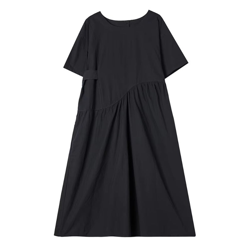 XITAO Folds Patchwork O-neck Dress Simple Solid Color Casual Irregular Short Sleeve Women Temperament Slimming Dress ZMY1062