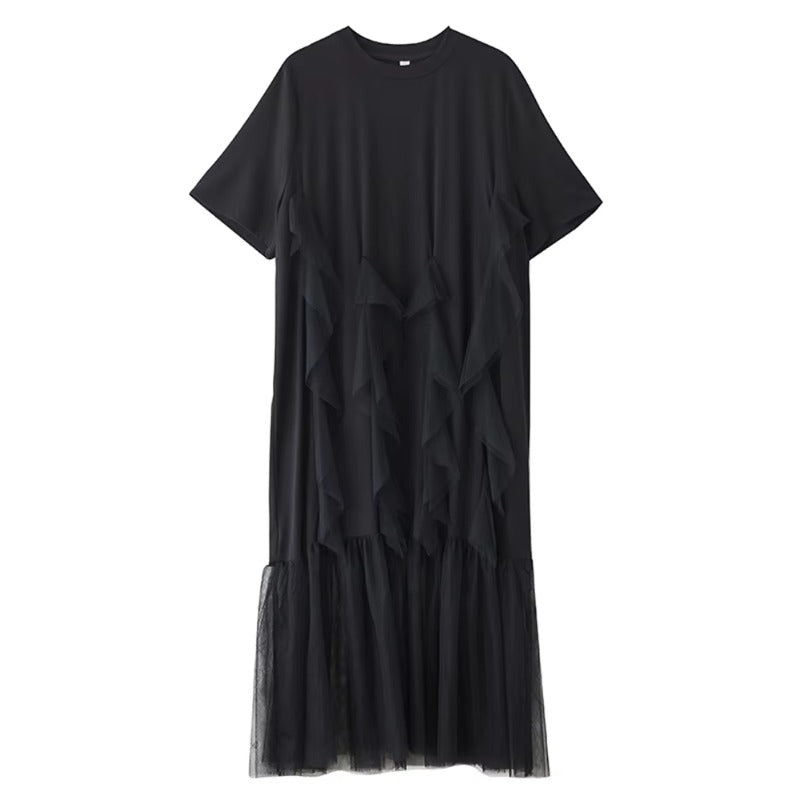 XITAO Gauze Patchwork Asymmetrical Dress Solid Color Pullover O-neck Short Sleeve A-line Slimming All Match Casual Dress ZMY1355