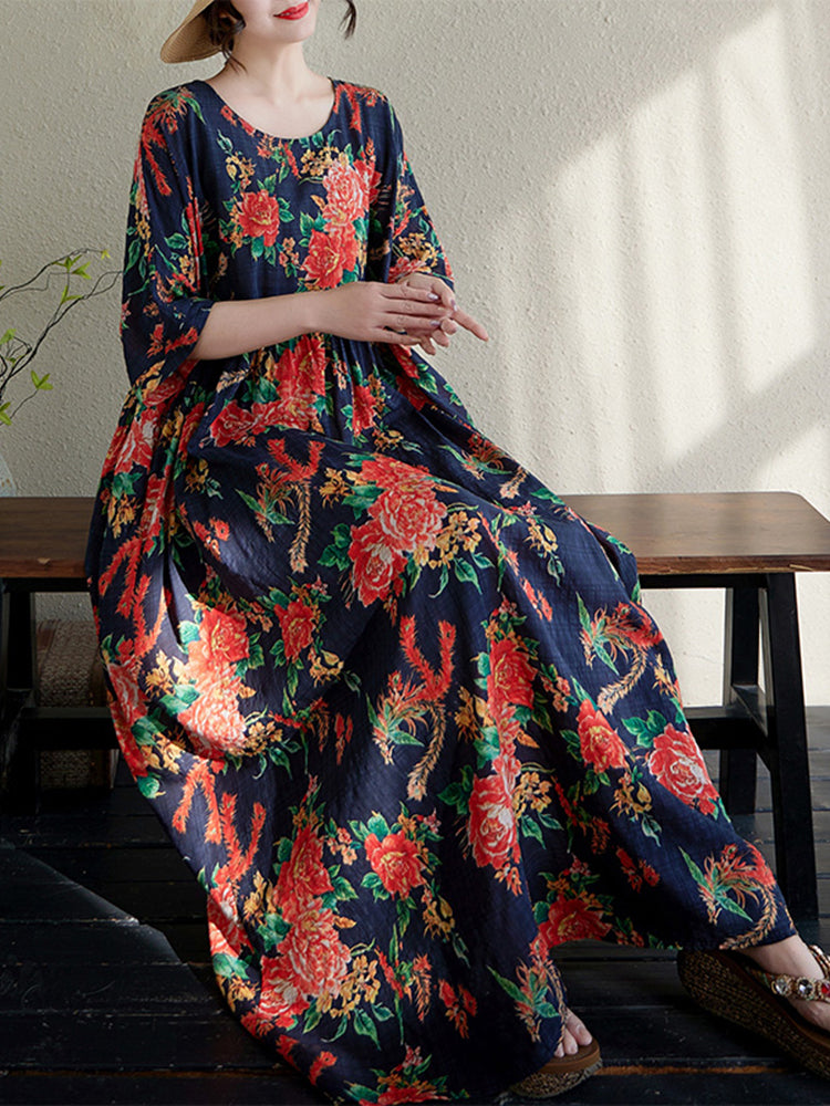 XITAO Pleated Print Flower Dress Half Sleeve A-line O-neck Casual Loose Fitting Sweet Simple All Match Women Dress ZMY1125