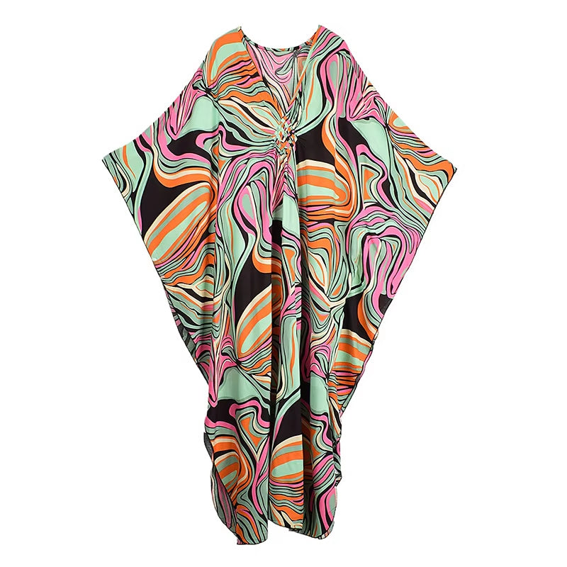 XITAO Vintage Print Contrast Color Dress V-neck Bat Wing Sleeve Loose Slimming Temperament Fashion Summer Woman Dress GJ1196