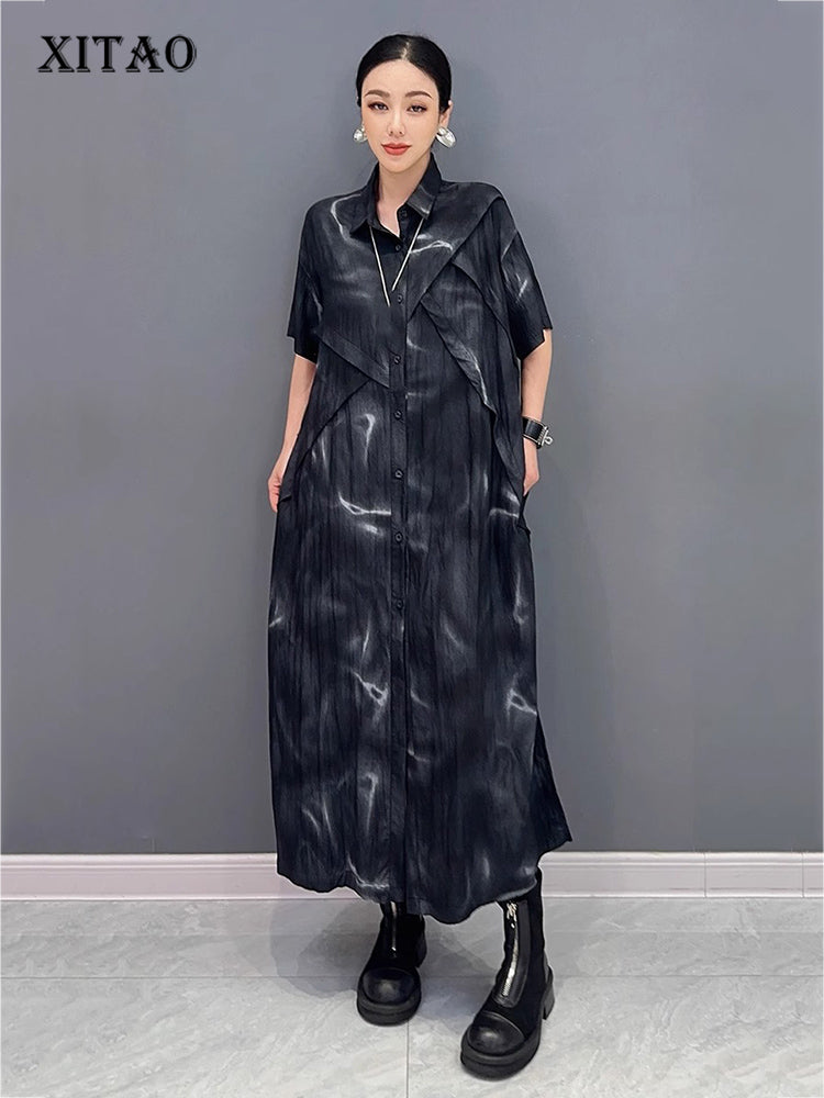 X XITAO Patchwork Print Single Breasted Lapel Dress Casual Loose Fitting Short Sleeve New Arrival Leisure Summer Female Dress GMM1317