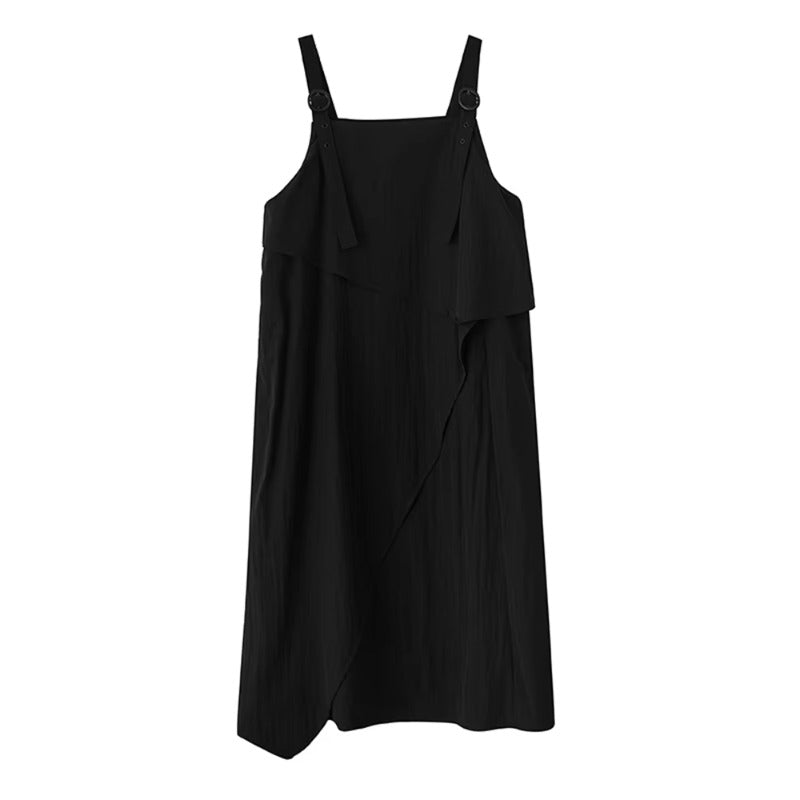 XITAO Asymmetrical Spaghetti Strap Sleeveless Dress Solid Color Pocket Patchwork Square Collar A-line Slim Women Dress ZMY1286