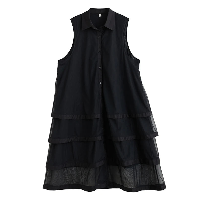 XITAO Patchwork Mesh Turn-down Collar Dress Casual A-line Sleeveless Fashion All Match Single Breasted Women Dress GYX1659