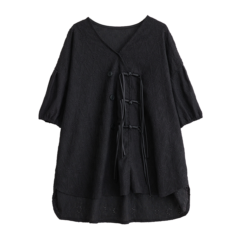 XITAO Asymmetric Button Shirt Casual V-neck Loose Fitting Chinese Style Half Sleeve Simple Single Breasted Women Blouse ZMY1105