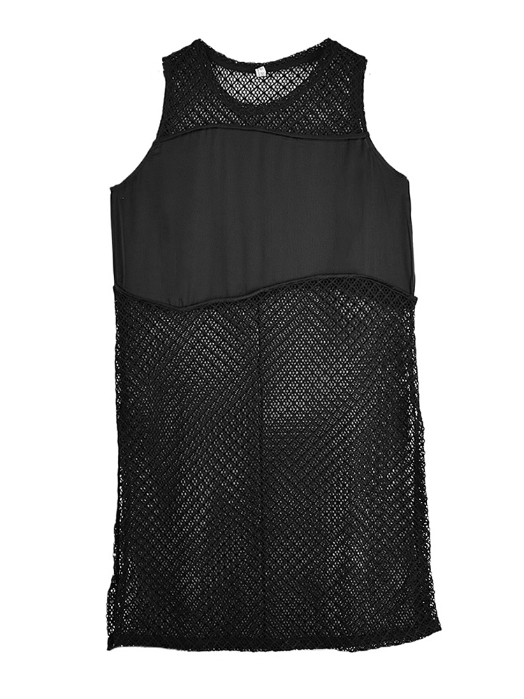 XITAO Sleeveless Irregular Dress Casual Hollow Out Mesh Patchwork Women Summer O-neck Korea Casual Pullover Dress ZMY1213