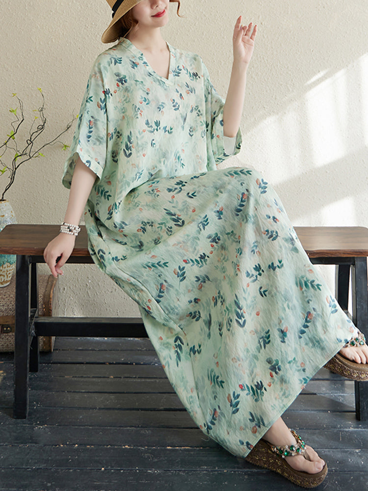 XITAO Floral Print Half Sleeve Dress Casual Fitting Vintage A-line Versatile Loose and Comfortable Thin Summer Dress ZMY1004