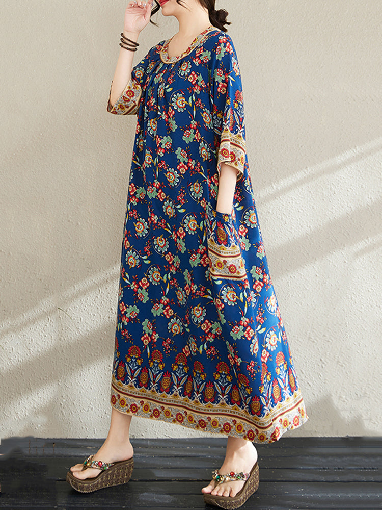 XITAO Flower Pleated Print O-neck Dress Casual Loose Fitting Ethnic Style Simple Pullover Summer Women Dress ZMY1098