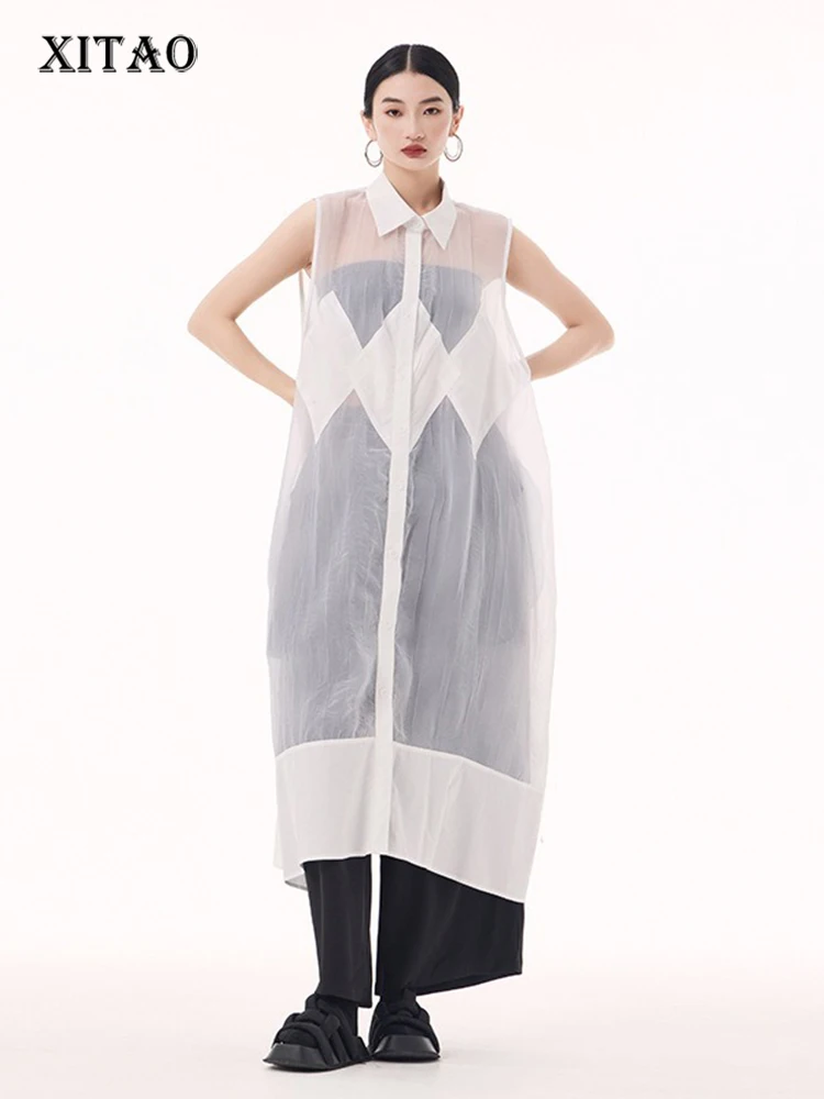 XITAO Sleeveless Patchwork Mesh Dress Solid Color Single Breasted Mid-calf Women Casual Fashion Summer Slimming Dress GMM1364