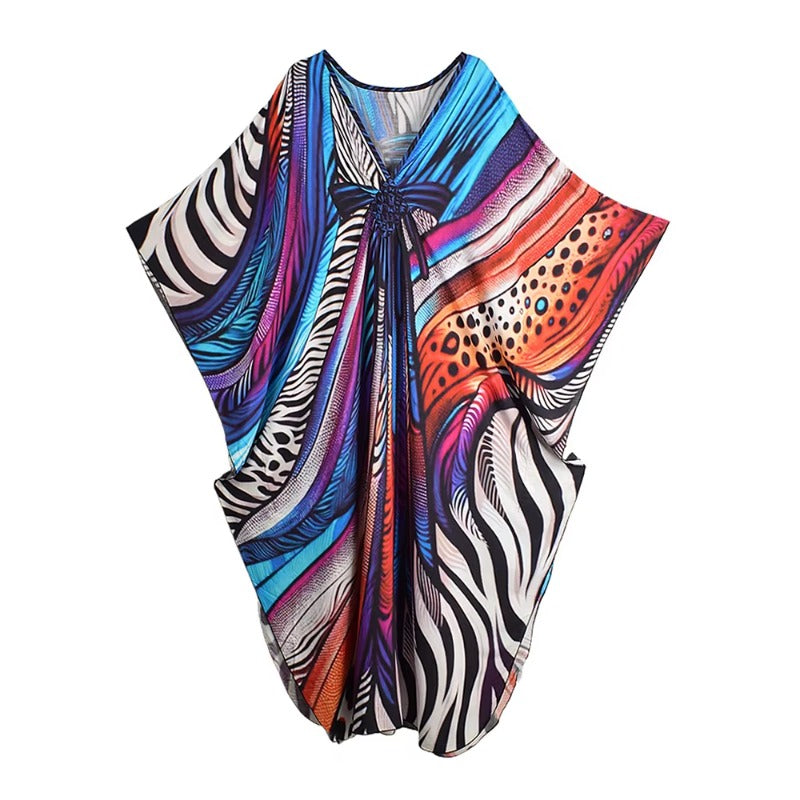 XITAO Contrast Color Print Batwing Sleeve Female Dress Pullover V-neck Loose Slim Temperament Summer Women Casual Dress GJ1145