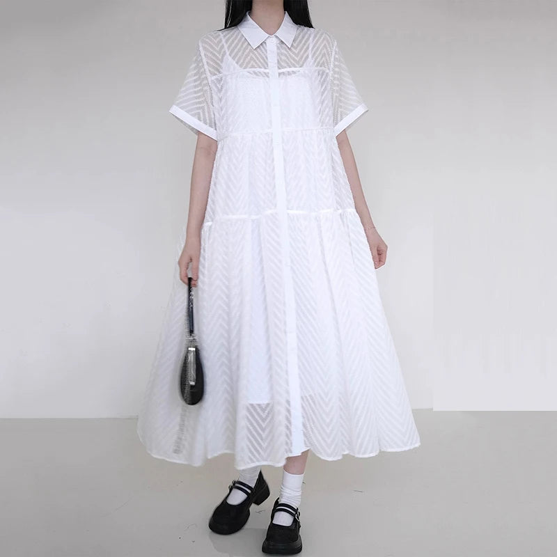 XITAO Loose Solid Color Hollow Out Dress Single Breasted Short Sleeve All-match New Arrival Temperament Woman Dress ZMY1261