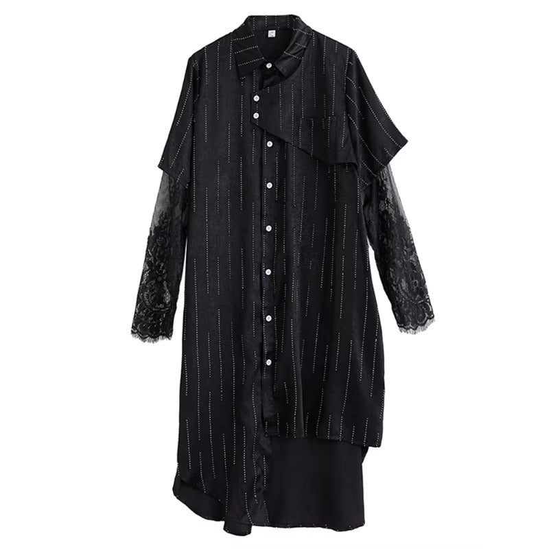 XITAO Lace Patchwork Asymmetrical Dress Single Breasted Turn-down Collar Long Sleeve Side Split Casual Temperament Dress ZMY1322