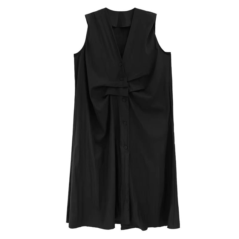 XITAO Women Sleeveless Vintage Dress V-neck Loose Casual Single Breasted Solid Color Slimming Summer Female Dress ZMY1393