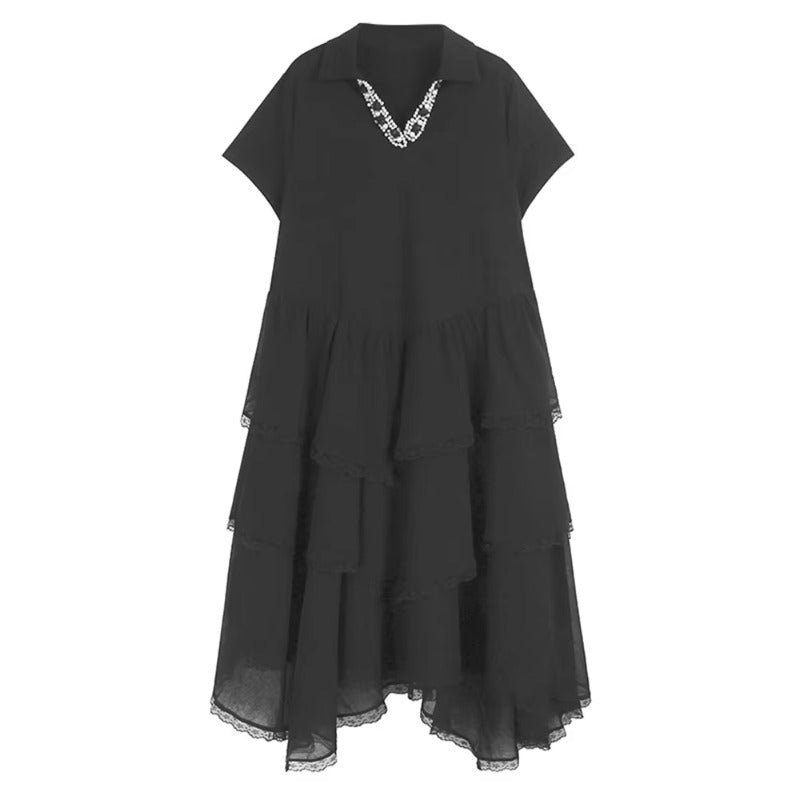 XITAO Irregular Embroidered Flares Dress Short Sleeve Lace Patchwork Women Summer Solid Color A-line Temperament Dress ZMY1341