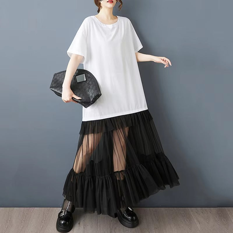 XITAO Patchwork Gauze Pleated Female Dress Loose O-neck Casual Short Sleeve Simple Slimming All-match Summer Woman Dress ZMY1287
