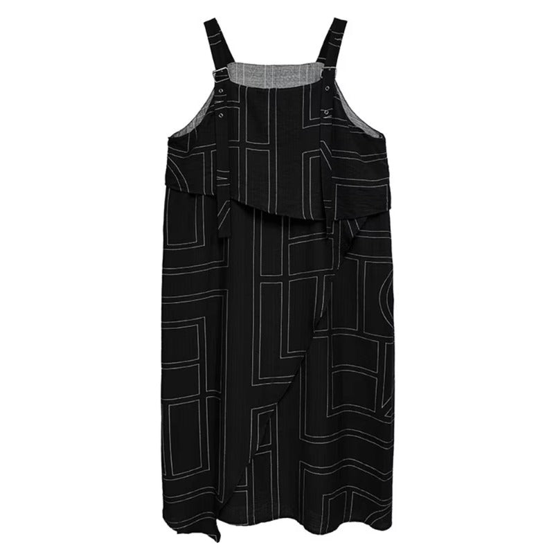 XITAO Patchwork Geometric Loose Strap Dress Sleeveless Casual Square Collar Simple All-match Slimming Summer Woman Dress HQQ2492