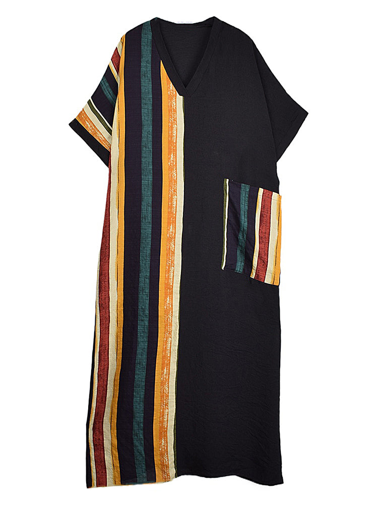 XITAO Stripe Patchwork Contrast Color Dress Print Pocket A-line Half Sleeve Slimming Women Loose Elegant Dress ZMY1030