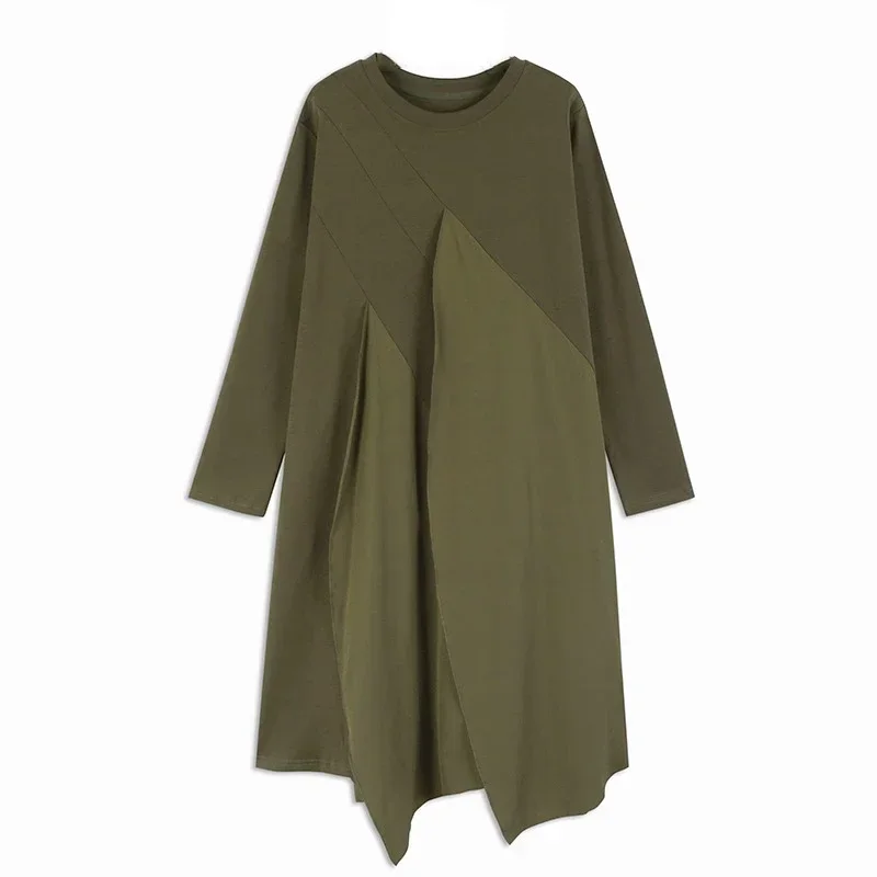 XITAO Gauze Patchwork Pocket Dress Solid Color O-neck Long Sleeve Pullover Loose Casual Slimming Dresses 2025 Spring New GJ1098