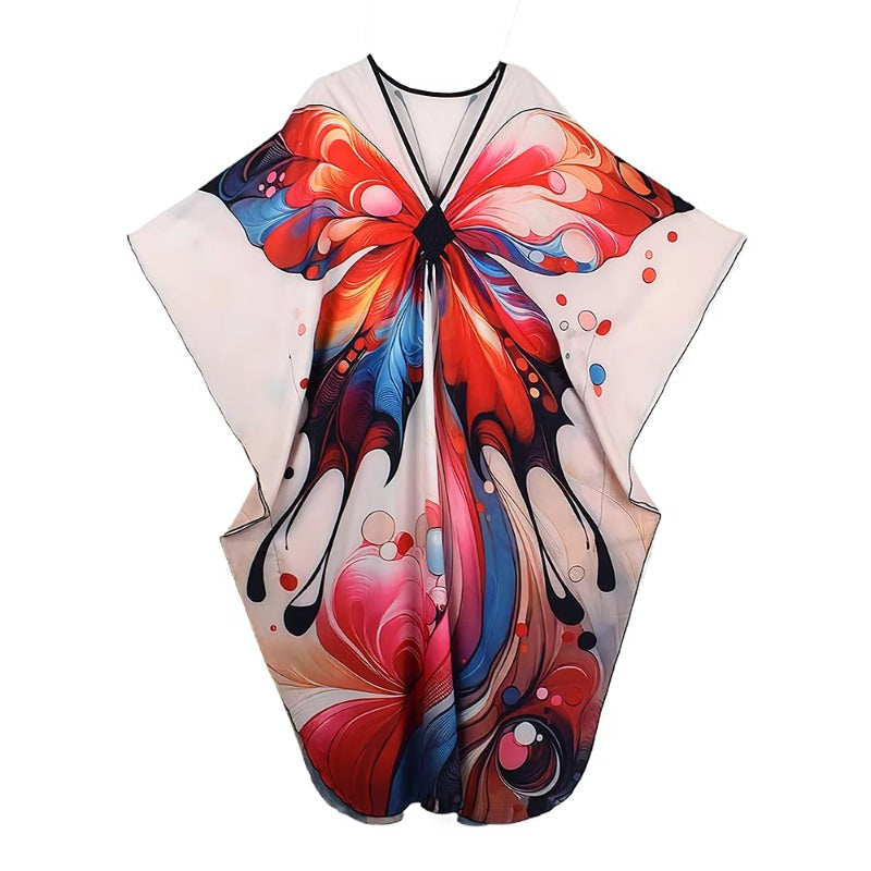 XITAO Female Side Slit Print Dress Butterfly A-line Pullover Bat Wing Sleeve V-neck Summer Woman Ankle-length Dress GJ1161