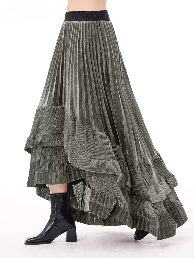 XITAO Asymmetrical Fold Patchwork Skirts Elastic Waist Solid Color A-line Loose Vintage Slimming Temperament Skirt GYX1517