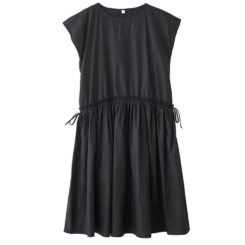 XITAO Pleated Drawstring Loose Dress Edible Tree Fungus Solid Color O-neck Casual Slimming All-match Summer Woman Dress ZMY1310