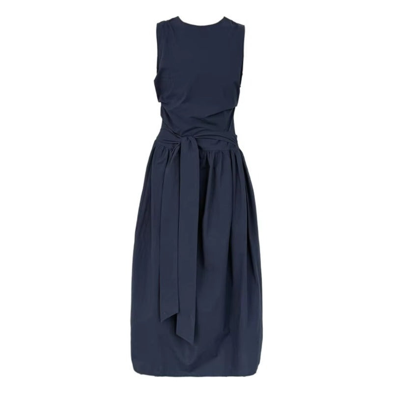 XITAO Drawstring Pleated Loose Dress O-neck Temperament Sleeveless Solid Color Simple Slim All-match Summer Woman Dress ZMY1289