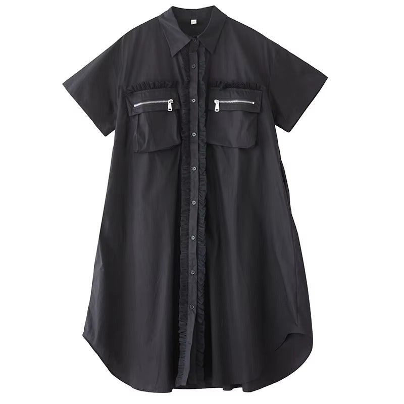 XITAO Zipper Pocket Patchwork Gauze Dress Contrast Color Turn-down Collar Short Sleeve Temperament Female Shirt Dress ZMY1354