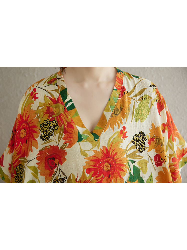 XITAO V-neck Print Dress Short Sleeve Casual Loose Fitting Slimming Elegant Pullover Summer Women Dress ZMY1107