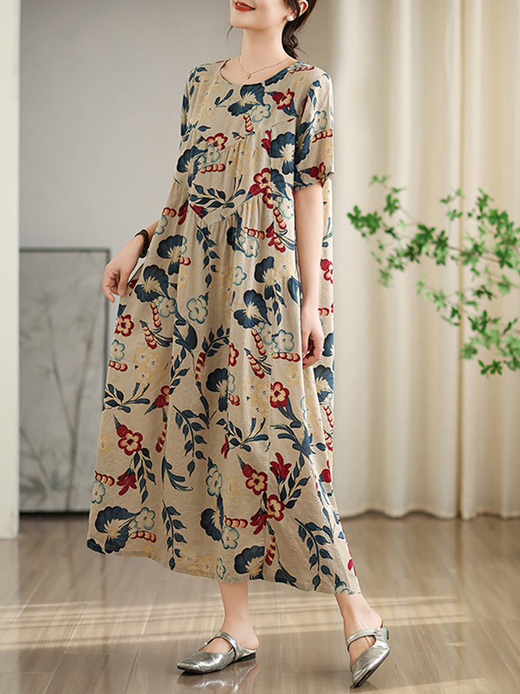 XITAO Patchwork Print Loose Pleated Dress Casual Short Sleeve A-line Vintage O-neck Summer Women Dress ZMY1025