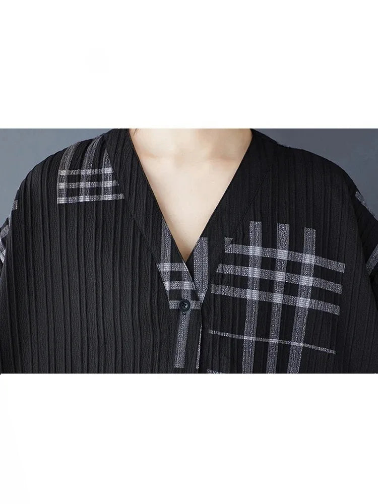 XITAO Striped Print Patchwork Contrast Color Loose Dress V-neck Short Sleeve Loose Vintage Knee-length Shirt Dress ZMY1172