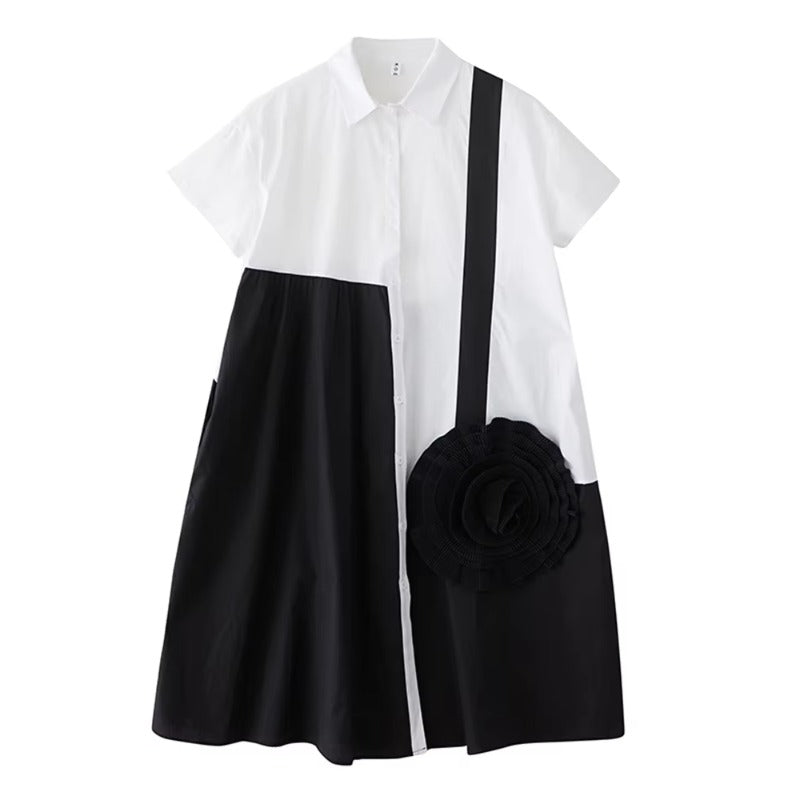 XITAO Three-dimensional Decoration Flower Dress Contrast Color Patchwork Turn-down Collar Loose Summer Woman Dress ZMY1397